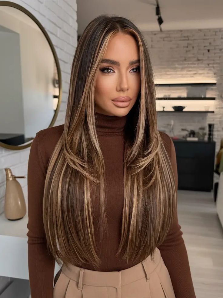 Woman with long, straight, highlighted hair wearing a brown turtleneck in a modern living room. Perfect for hair fashion inspiration.