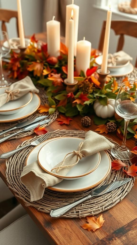 Elegant autumn table setting with candles, fall leaves, and cozy neutral napkins on woven placemats, perfect for a Thanksgiving feast.