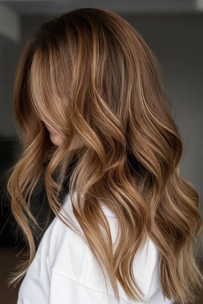 Wavy caramel brown hair with highlights, styled in loose curls for a natural and elegant look.
