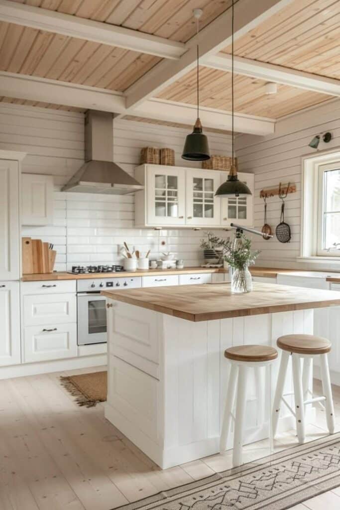 Rustic kitchen with wooden accents, white cabinets, island, bar stools, hanging lights, and natural light streaming through a window.