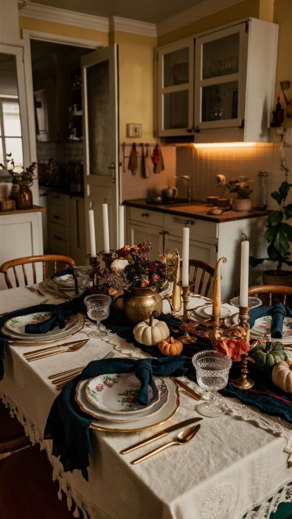 Elegant autumn table setting with candles, decorative pumpkins, and floral plates in a cozy kitchen.