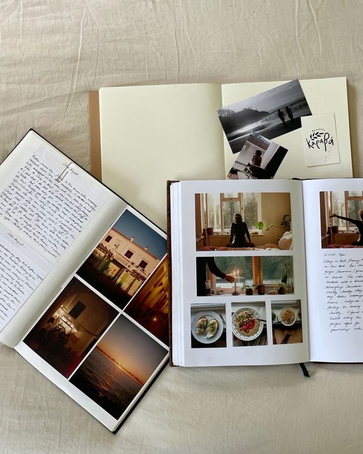 Open journals with photos and handwritten notes on a beige surface, capturing moments and memories.