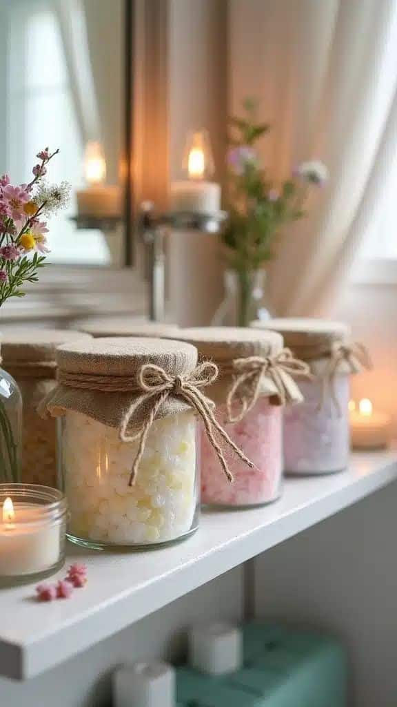 Jars of bath salts with candles and flowers create a serene spa atmosphere on a white shelf, perfect for relaxation.