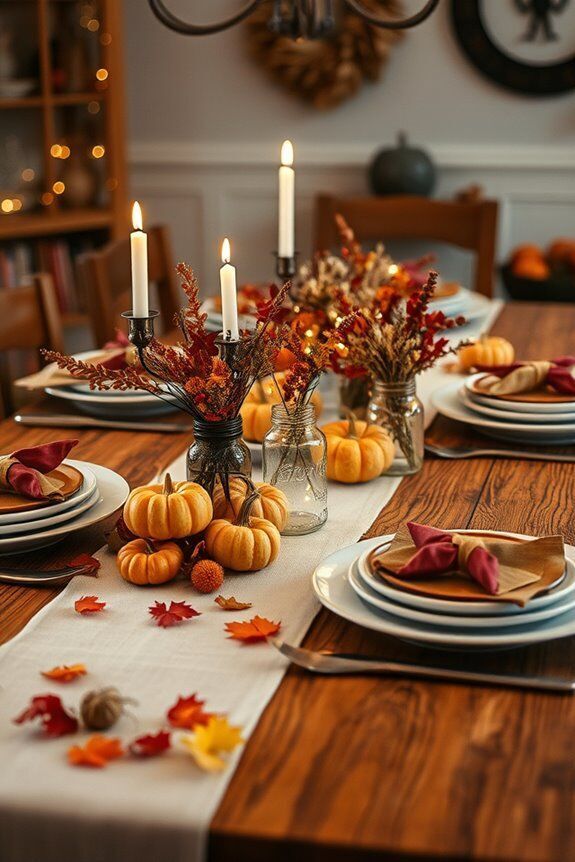 Elegant autumn tablescape with candles, pumpkins, and fall foliage decor, perfect for a cozy Thanksgiving or harvest gathering.