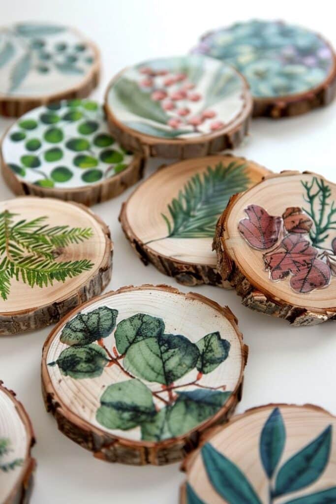 Rustic wooden coasters with botanical designs, perfect for adding natural charm to home decor and entertaining settings.