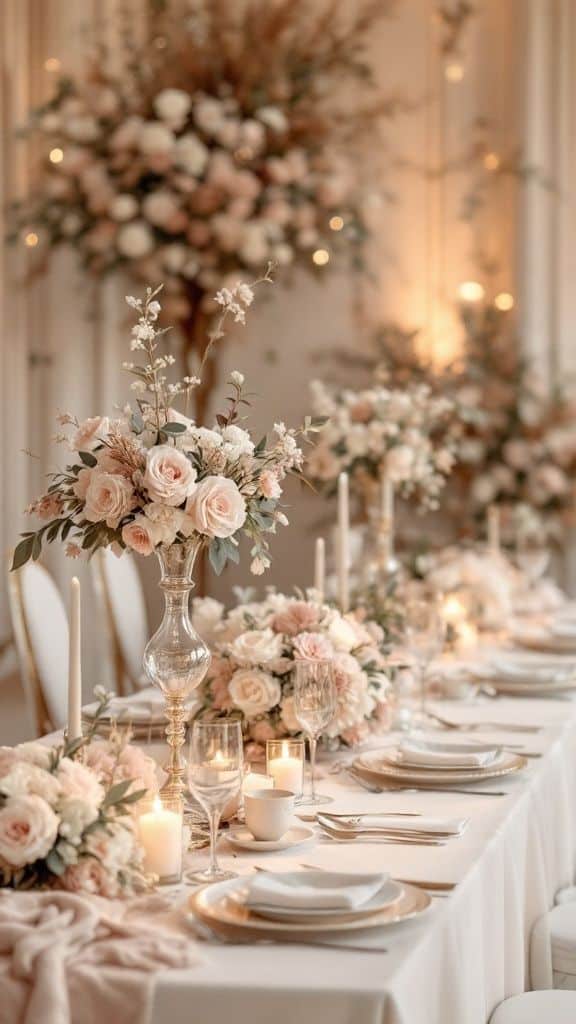 Elegant wedding table setup with pink and white floral arrangements, candles, and fine dinnerware for a romantic atmosphere.