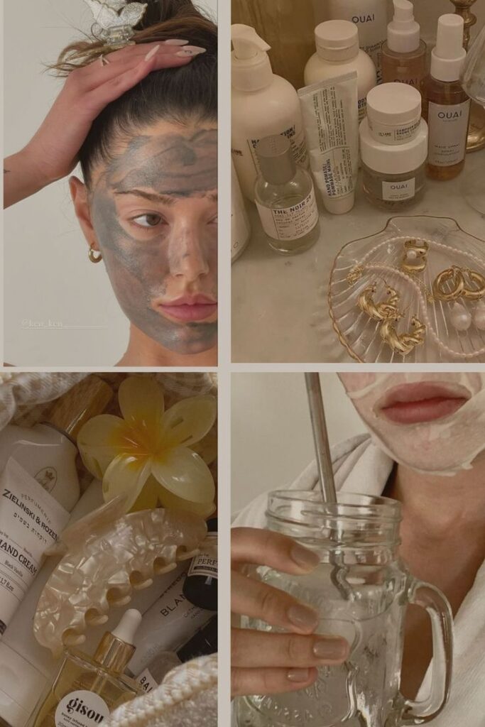 Woman enjoying a skincare routine with a face mask, beauty products, and a drink, alongside jewelry and hair accessories.