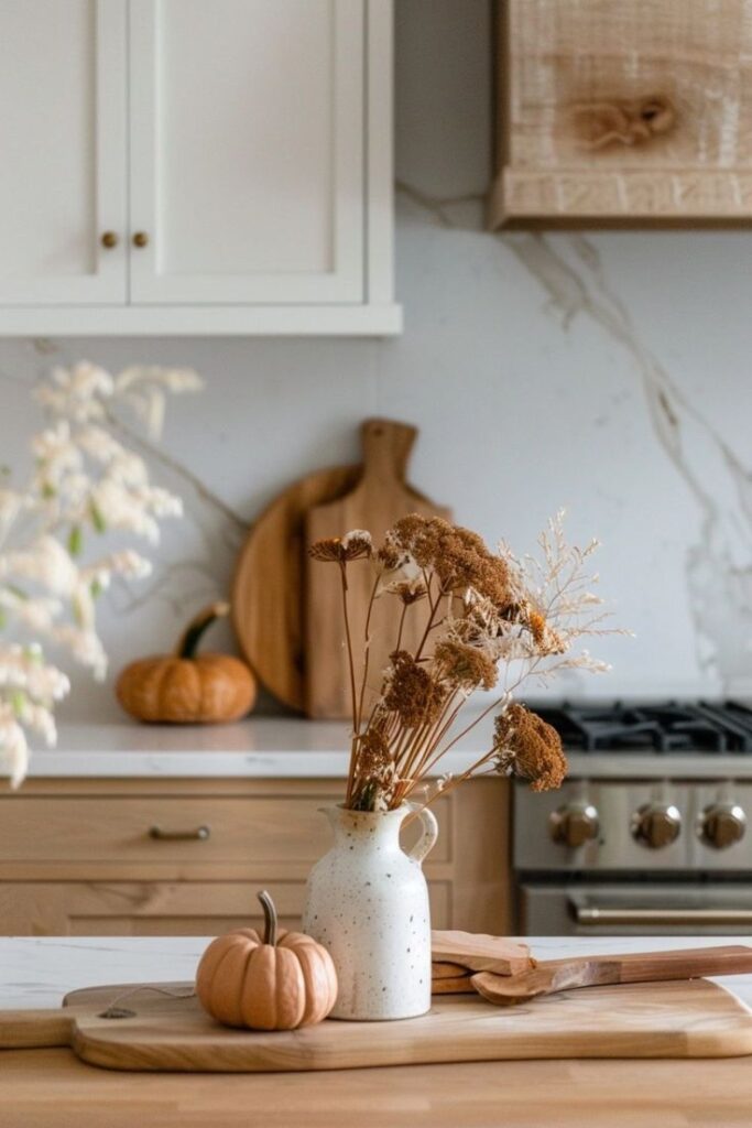 Cozy kitchen decor with autumn vibe: pumpkins, dried flowers in vase, wooden boards. Perfect for fall interior inspiration.