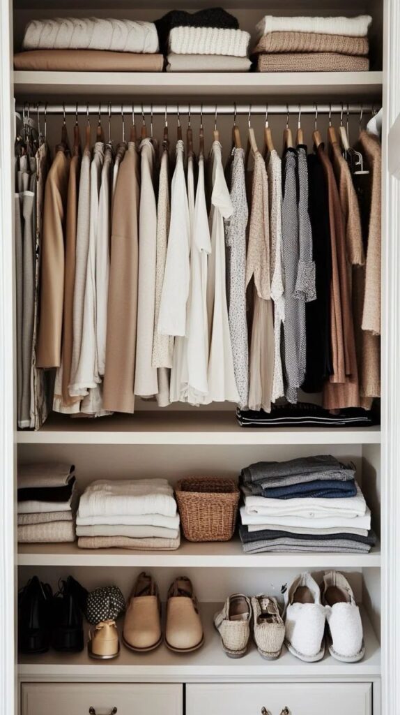 Minimalist wardrobe with neatly arranged neutral clothing and shoes, showcasing organized closet storage and a neutral color palette.