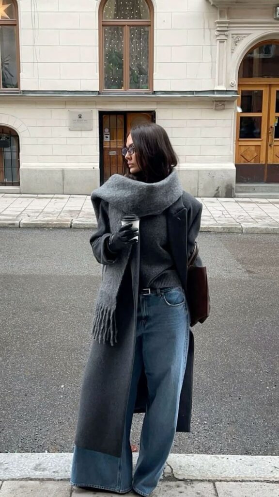 Woman in stylish winter outfit with coat and scarf, holding a coffee cup, standing on a city street.