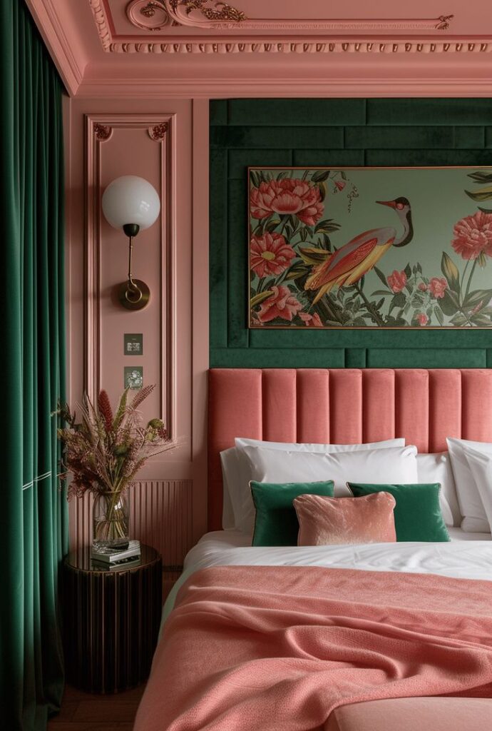 Elegant pink and green bedroom with floral wall art, plush bedding, and decorative lighting for a luxurious, cozy atmosphere.