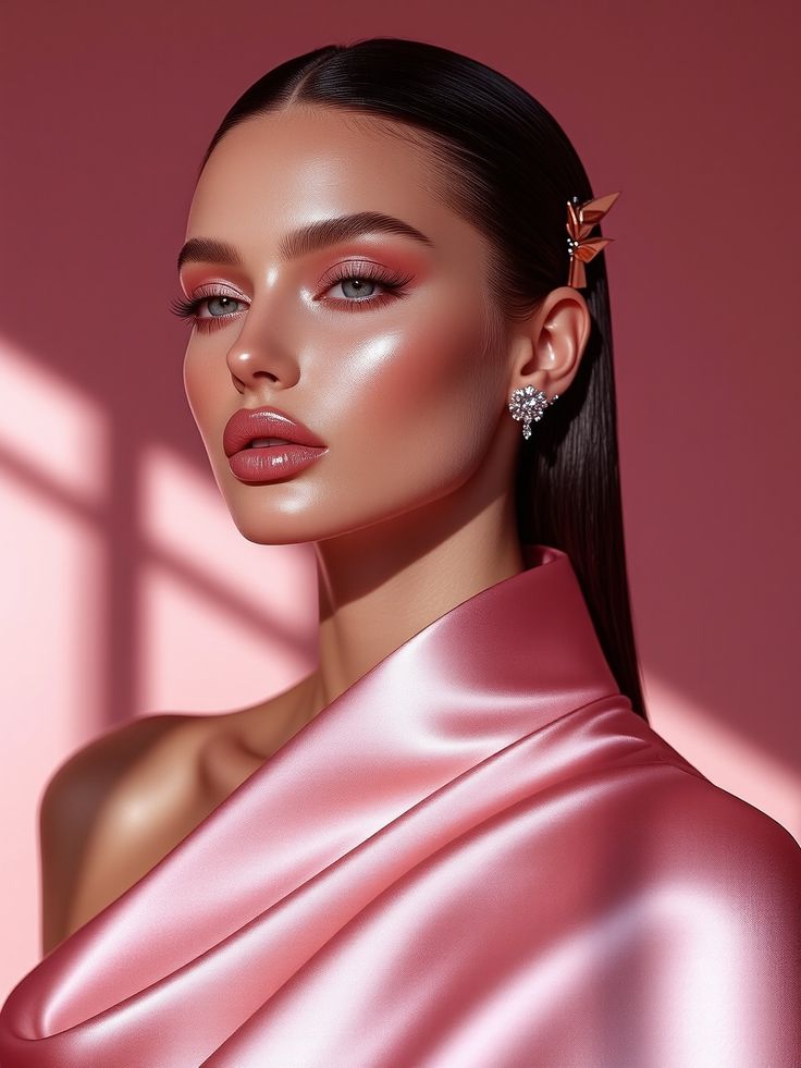 Elegant woman in pink satin with sleek hair and glamorous makeup, set against a matching pink background.
