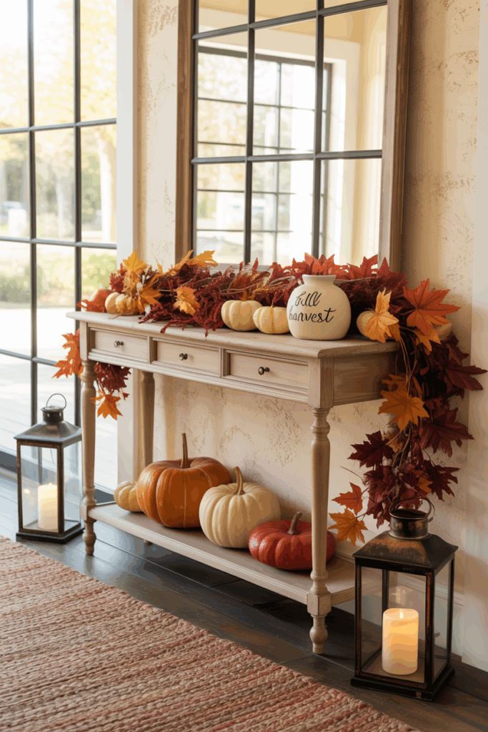 Autumn entryway decor with pumpkins, fall leaves, and candles on a wooden table, creating a cozy and inviting seasonal atmosphere.