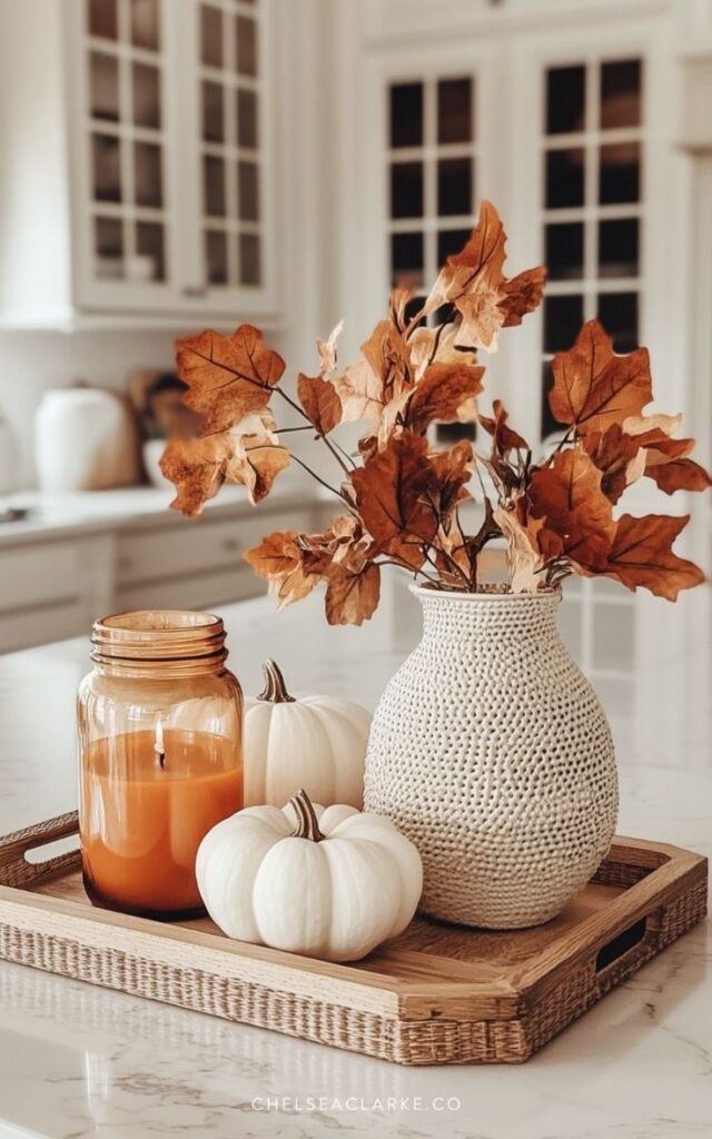 Cozy autumn decor with orange candle, fall leaves in vase, and white pumpkins on a kitchen countertop tray.