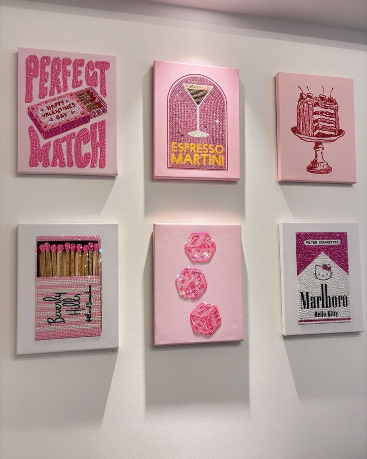 Pink-themed wall art collection featuring cocktails, matches, dice, cake, and playful designs on a white background.