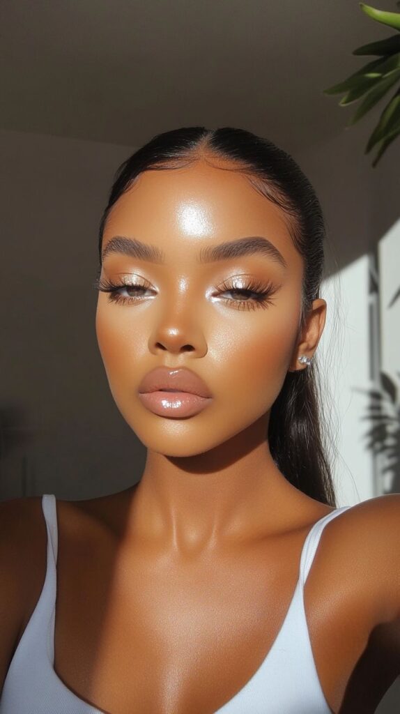 Close-up of a woman with glowing skin, flawless makeup, and sleek hair, wearing a white top in the sunlight.