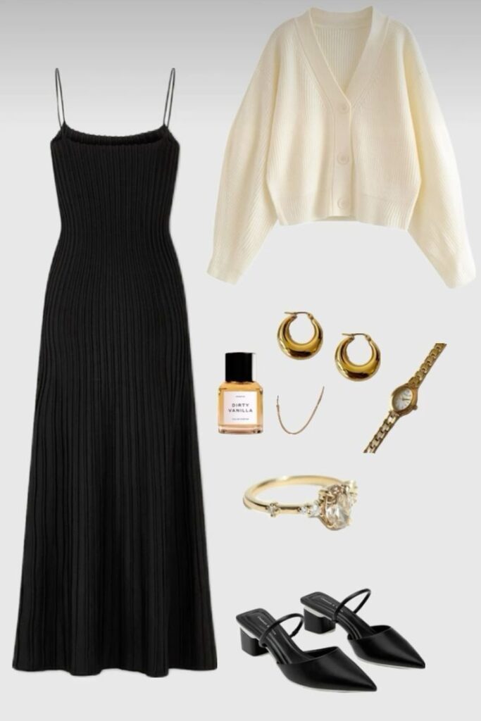 Elegant outfit with black dress, white cardigan, gold jewelry, perfume, and black heels. Perfect for a chic evening ensemble.