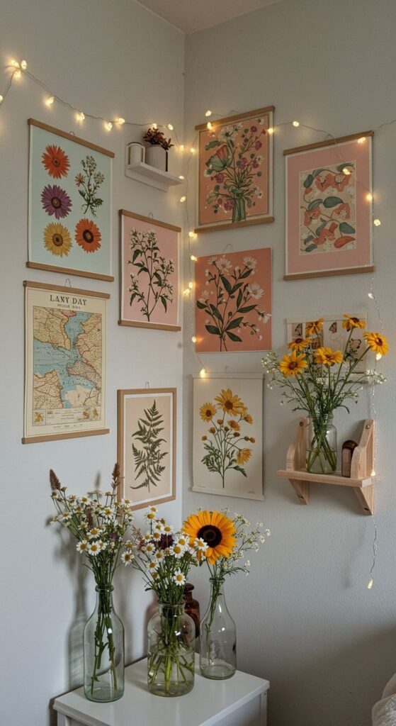 Cozy room with floral wall art, string lights, and vases of vibrant sunflowers and daisies for a charming home decor vibe.