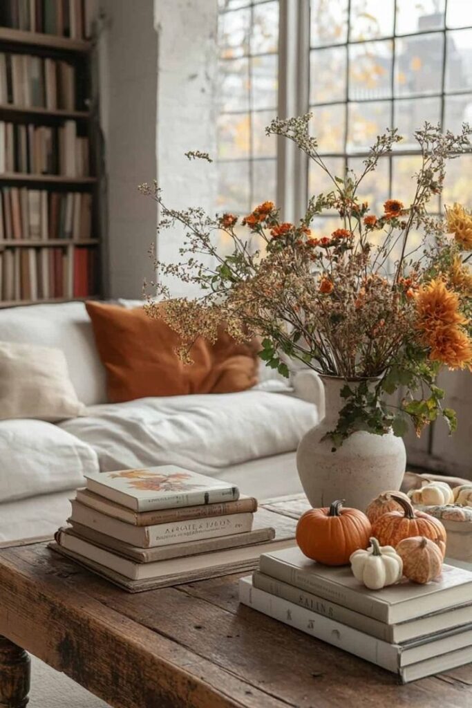 Cozy autumn living room with orange flowers, pumpkins, and stacked books on a wooden table, near a white sofa and large window.