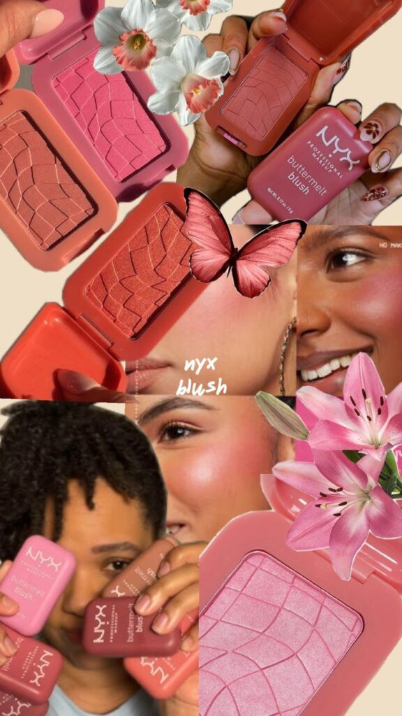 NYX buttermilk blush shades with floral accents, vibrant pinks, and corals enhance radiant, glowing skin. Perfect for any look.