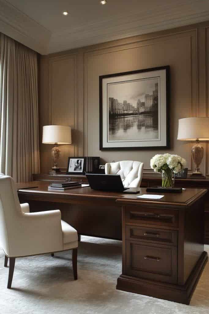 Luxurious home office with elegant wooden desk, white chair, and cityscape artwork. Ambient lighting and classic decor.