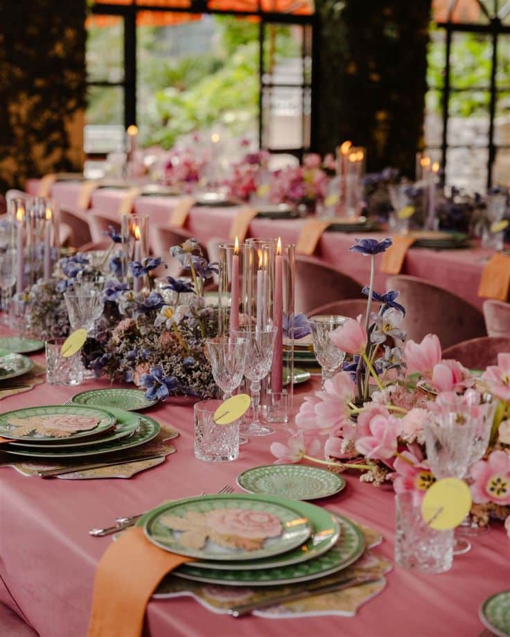 Elegant spring table setting with pink tablecloth, green plates, floral centerpieces, and tall candles in a sunlit room.