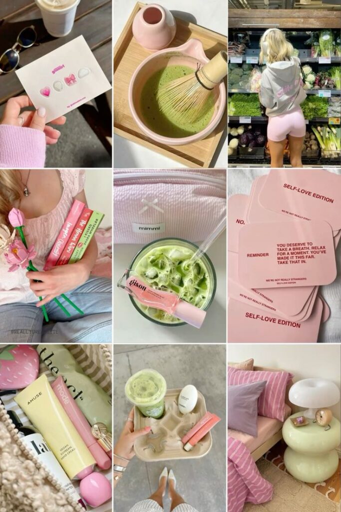 Pink and green aesthetic collage with self-care items, matcha tea, beauty products, books, and cozy home decor.
