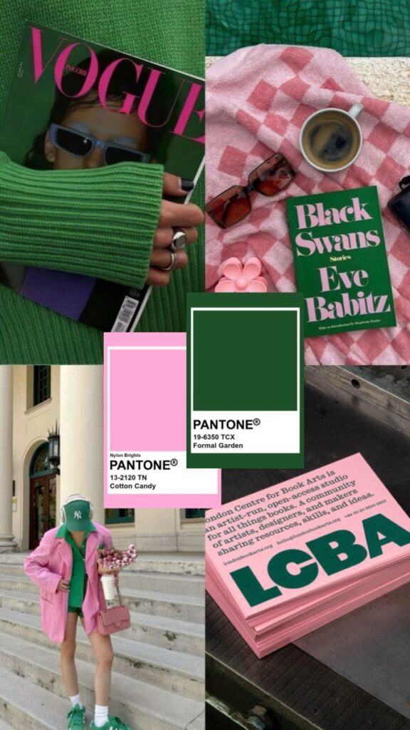 Aesthetic collage featuring Vogue, Pantone colors, coffee, and fashion: green sweater, pink accents, and stylish accessories.