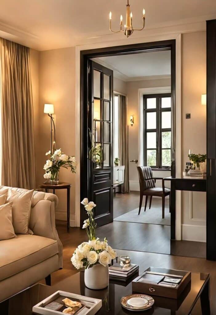 Elegant living room with beige decor, stylish black doors, cozy seating, and fresh flowers, creating a warm, inviting atmosphere.