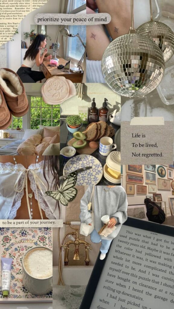 Collage of cozy lifestyle elements: skincare, decor, books, nature, breakfast, motivational quotes, and a woman by a vanity.