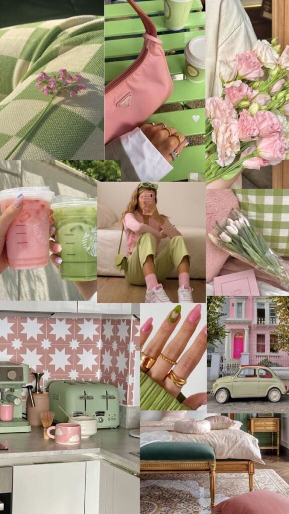 Collage of pastel aesthetics: fashion, drinks, flowers, home decor, and car in soft pink and green hues. Trendy and serene vibes.