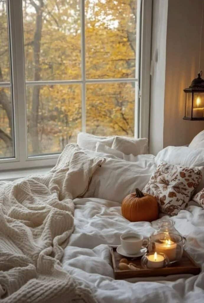 Cozy autumn bedroom with fluffy white bedding, a lit candle, hot drink, pumpkin, and fall foliage outside the window.