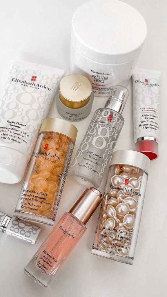 Elizabeth Arden skincare collection featuring serums, creams, and capsules for moisturizing and rejuvenating skin care routine.