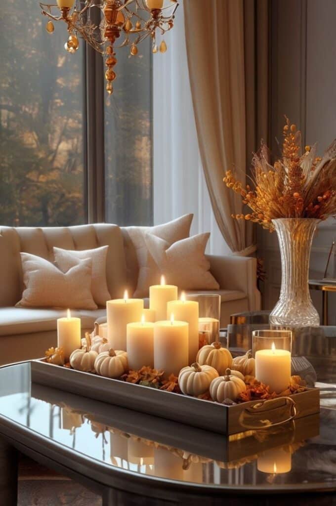 Elegant autumn living room with lit candles, small pumpkins, and cozy decor accents on a glass table, under a warm chandelier.