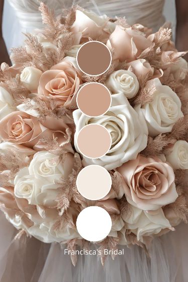 Elegant bridal bouquet with blush, ivory roses and color palette swatches. Perfect for wedding floral inspiration.