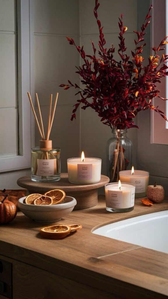 Cozy bathroom scene with lit candles, dried oranges, diffuser, and autumn decor on a wooden counter.