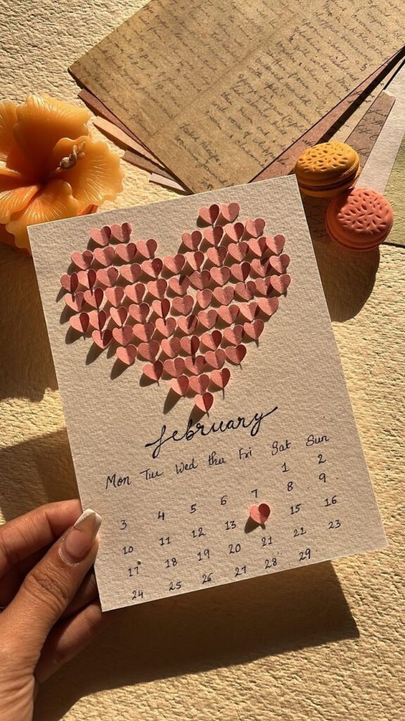 Hand holding a February calendar with heart art, surrounded by a flower and cookies, in warm sunlight. Valentine's vibe.