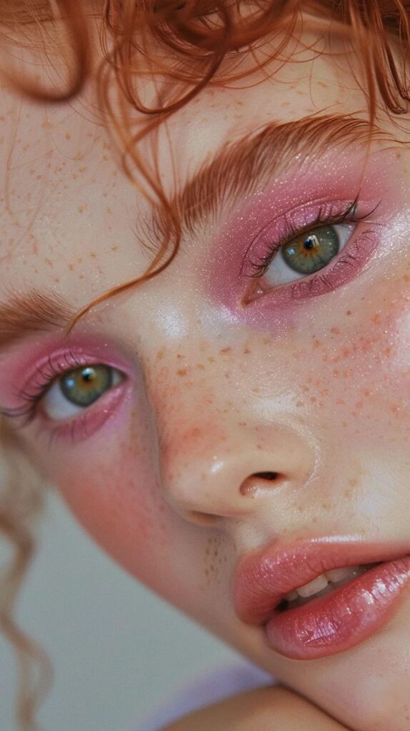 Close-up of a person with curly hair, pink eyeshadow, and freckles, highlighting vibrant eye makeup and dewy skin.
