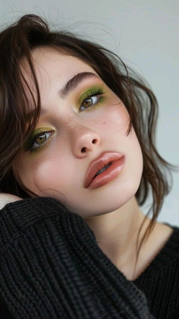 Close-up of a woman with vibrant green eyeshadow, perfectly groomed eyebrows, soft pink lips, and styled brunette hair, wearing a black sweater.