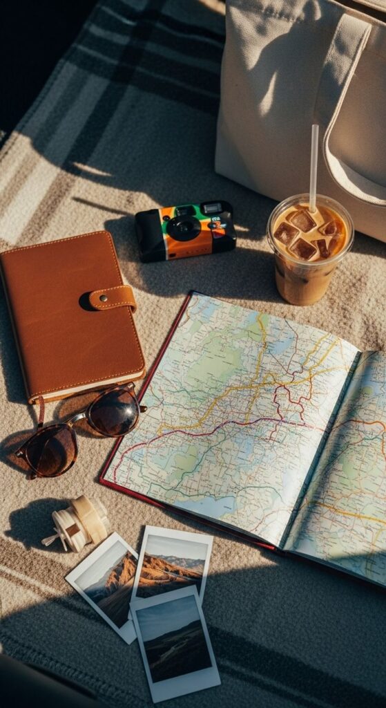 Top view of travel essentials: map, notebook, camera, sunglasses, and iced coffee on a blanket. Perfect for planning an adventure.