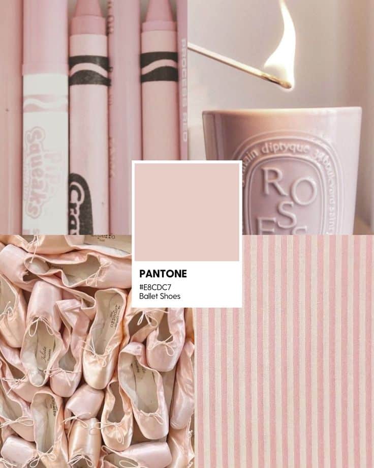 Collage featuring pink crayons, lit candle, ballet shoes, and pink striped pattern with Pantone color #E8CDC7 Ballet Shoes.
