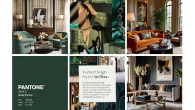 Collage of Art Deco interior designs featuring bold geometric patterns, rich colors, and luxurious materials like velvet and brass.
