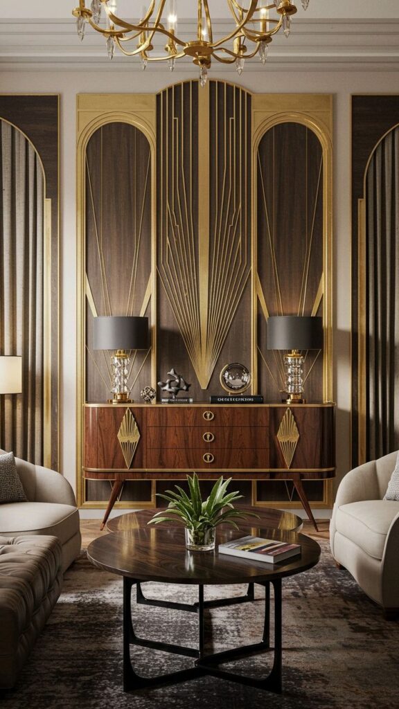Luxurious art deco living room with elegant chandelier, geometric wood paneling, velvet sofas, and stylish round coffee table.