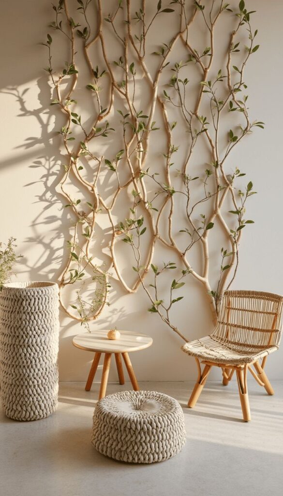 Cozy room with rattan chair, wooden table, pouf, knit basket, and decorative branches on wall creating a natural, minimalist vibe.
