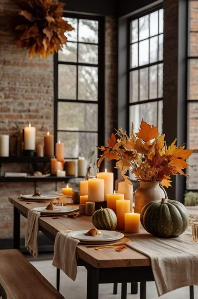 Cozy autumn dining setup with candles, pumpkins, and fall foliage on a rustic table, perfect for a Thanksgiving gathering.