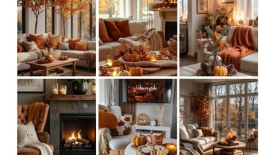 Cozy fall-themed living room collage with pumpkins, blankets, and warm lighting for a comfortable autumn atmosphere.