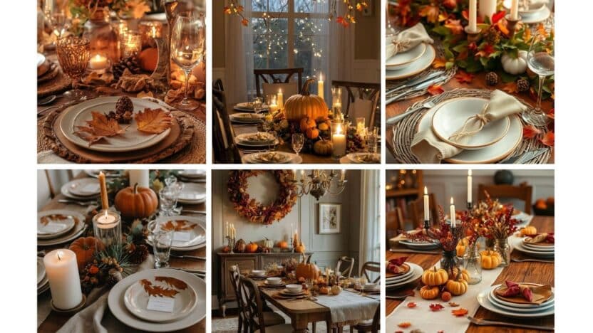 Festive autumn tablescapes featuring pumpkins, candles, and foliage for a cozy Thanksgiving or fall celebration ambiance.
