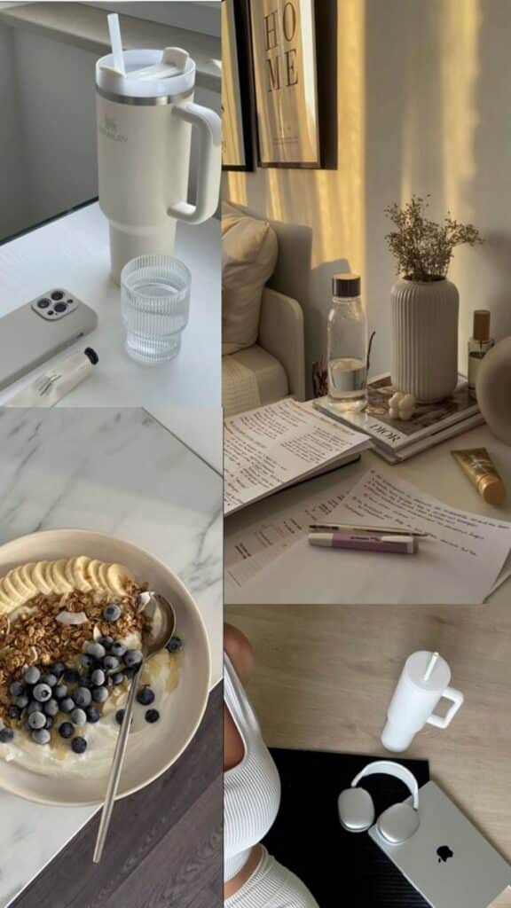 Cozy home vibes: coffee mug, notes, breakfast bowl with granola, and tech essentials for a productive morning routine.