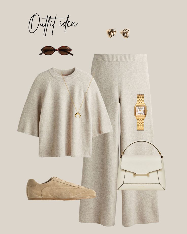 Neutral cozy outfit idea with beige sweater, wide-leg pants, brown sunglasses, gold jewelry, watch, handbag, and matching sneakers.