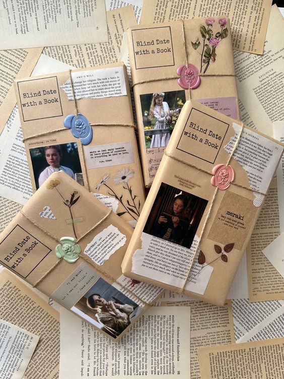 Blind Date with a Book: Wrapped books on scattered pages, each with unique seals, designs, and text hints. Perfect book lover gift.